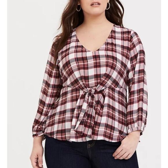 Torrid Plaid Georgette Tie-Front Peplum V-Neck Blouse - Picture 1 of 10
